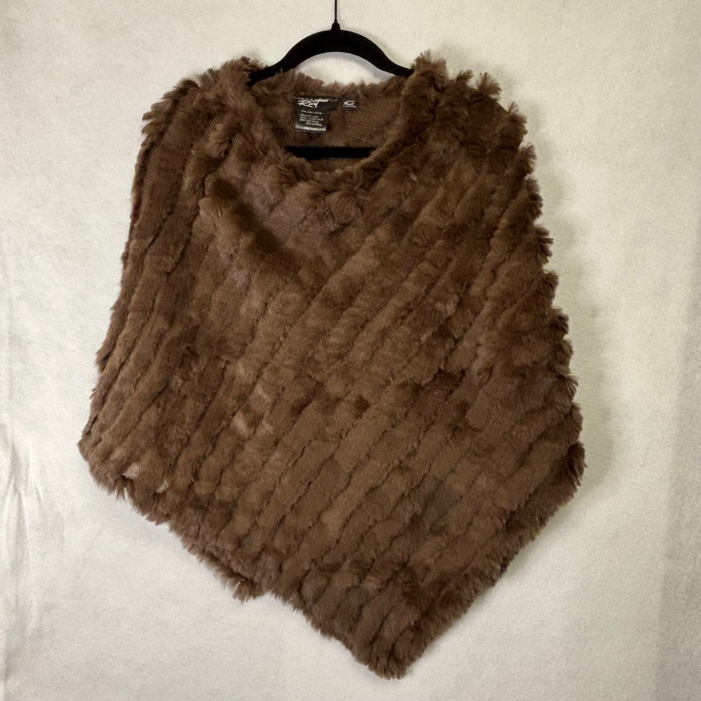 Black Rivet Brown Rabbit Fur Wool Blend Knit Poncho One Size Asymmetrical Wrap